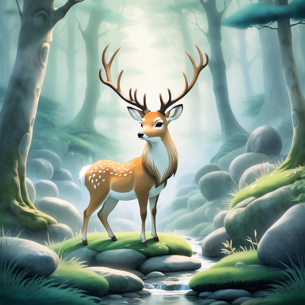 Whimsical Deer Spirit in Misty Forest