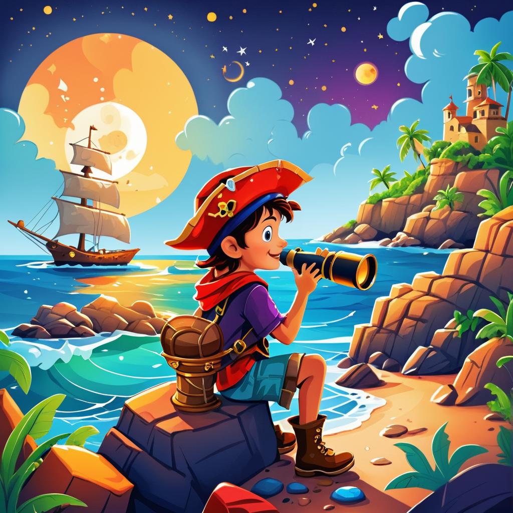 Adventurous Boy Pirate on Rocky Shore