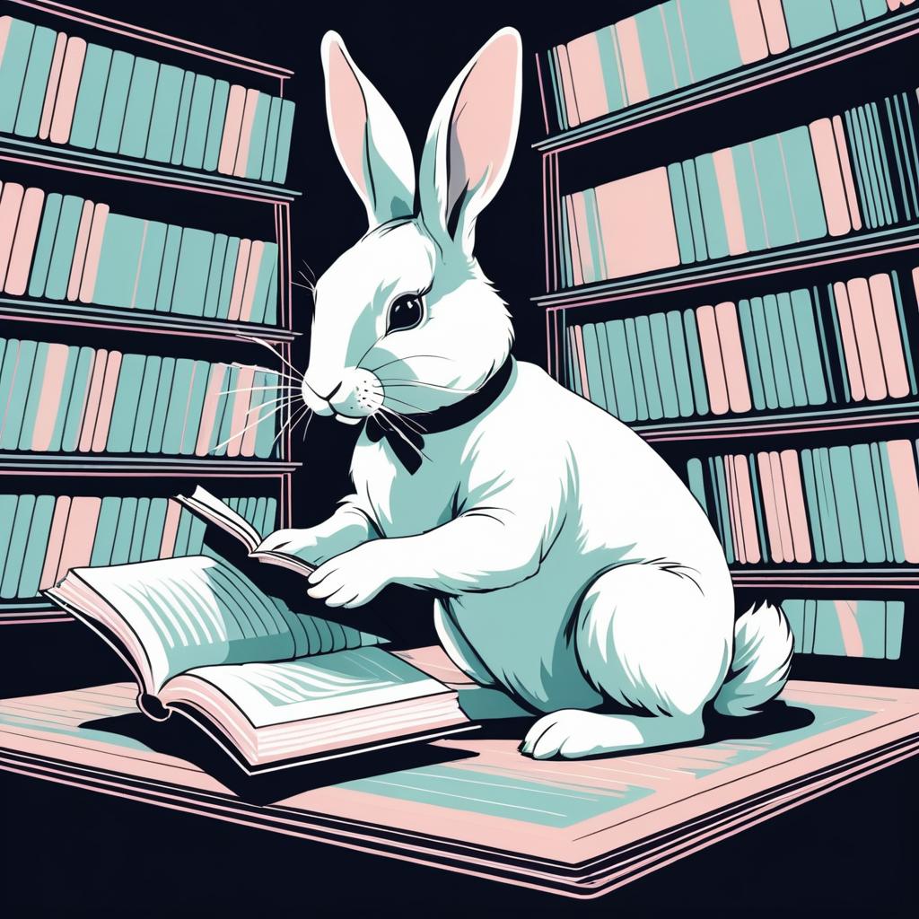 Vintage Rabbit Reading in Library Illustration