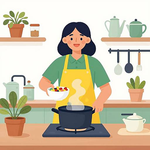 Digital illustration of a smiling Asian woman with black hair, green shirt, yellow apron, cooking on a stove, steaming pot, colorful vegetables in