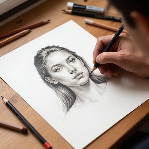 Photograph of a hand drawing a detailed black-and-white portrait of a young woman with long hair on white paper at a wooden table with scattered pencils and