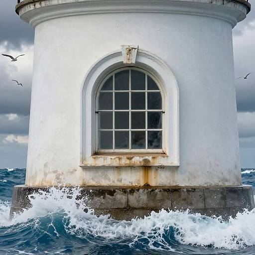 Photograph of a weathered white lighthouse with an arched window, surrounded by turbulent ocean waves and dark, stormy clouds. Birds fly in