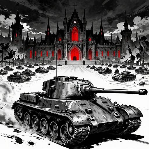 Digital illustration: Black-and-white tank in foreground, advancing towards gothic cathedral with glowing red windows, surrounded by multiple tanks on snowy battlefield. Dark,