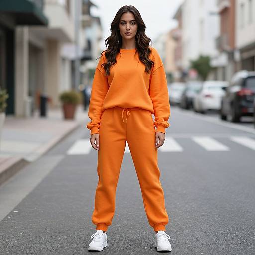 Photograph of a woman with long dark hair, wearing an orange sweatset and white sneakers, standing confidently on a city street.