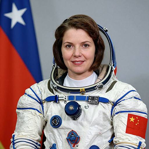 Photograph of a smiling female astronaut with short brown hair, wearing a white spacesuit with blue stripes and a Chinese flag patch, standing against a gray