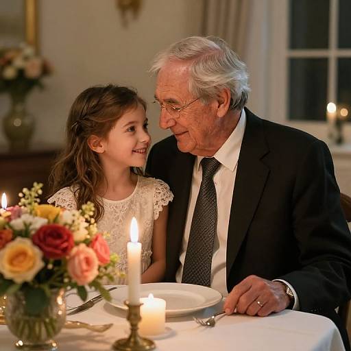 Photograph of an older white man in a black suit and tie, and a young girl in a white lace dress, smiling at each other over a