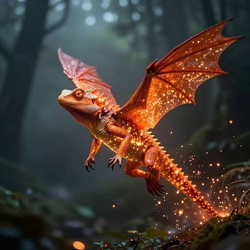 Photorealistic CGI of a glowing, fiery-orange dragon with translucent wings and sparkling scales flying through a misty forest.