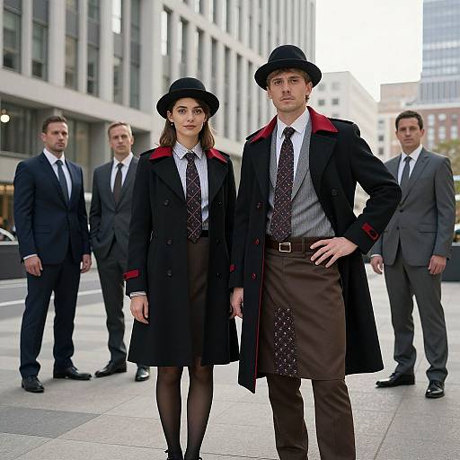Photograph of a serious couple in black coats, hats, and patterned ties, flanked by three men in suits in an urban setting.