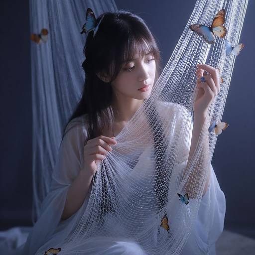 Photograph of a young Asian woman with long black hair, wearing a white, sheer dress, surrounded by blue and orange butterflies, and illuminated by soft