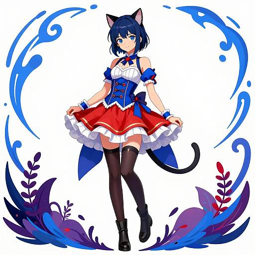 Anime-style illustration of a blue-haired catgirl with blue eyes, wearing a red and white frilled dress, black thigh-high socks, and black boots