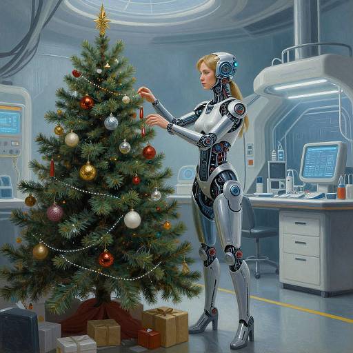 Cybernetic Exo Woman Decorating Tree