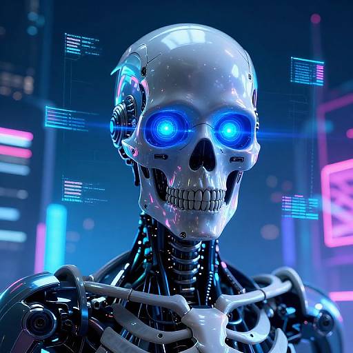 Digital CGI of a futuristic, glowing blue-eyed robotic skull with metallic joints and wires, set against a neon-lit cyber background.