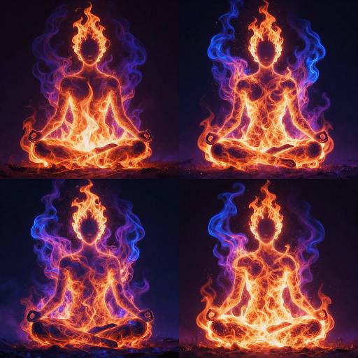 Photograph of four quadrants showing vivid orange and blue flames in a sitting meditation pose, set against a dark background.