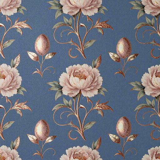 Vintage floral pattern: Pink peonies and buds with green leaves on a rich blue background, featuring detailed, shimmering copper accents.