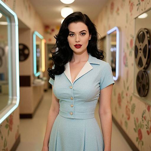 Photorealistic digital image of a pale-skinned, dark-haired woman with red lipstick, wearing a light blue, button-up dress, standing in a