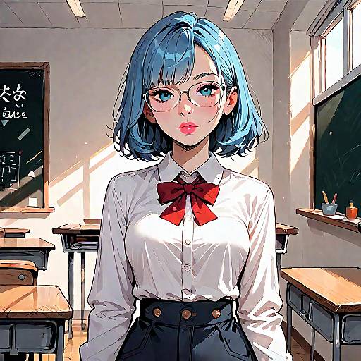 Blue-Haired Girl with Pencil by Blackboard
