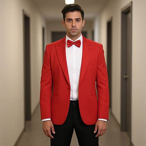 Photograph of a serious young man in a red bow tie and matching red blazer, standing in a long, empty hallway.