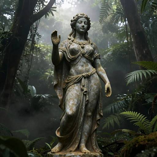 Photorealistic digital artwork of a statuesque, ancient goddess statue with flowing robes and a raised hand, standing in a misty, dense jungle with