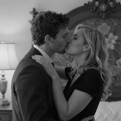 Intimate Black-and-White Kiss Moment