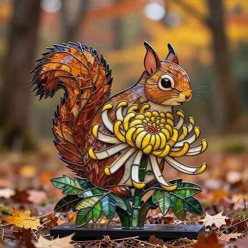 Mischievous Squirrel Chrysanthemum Stained Glass