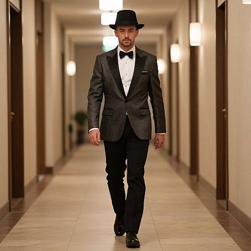 Photograph of a confident Asian man in a black patterned suit, white dress shirt, black bow tie, and black hat, walking down a lit