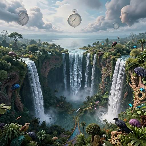 Surreal digital art of twin waterfalls in a lush, fantastical jungle with floating clocks, exotic plants, and vibrant birdlife beneath a cloudy