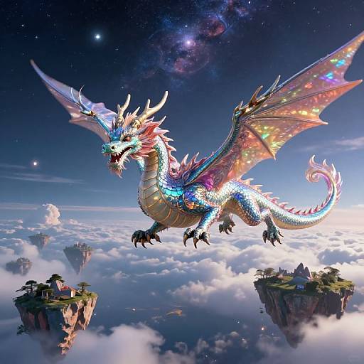 Digital artwork of a vividly colored, iridescent dragon with glowing scales and wings, soaring above floating islands in a starry, cloudy sky.