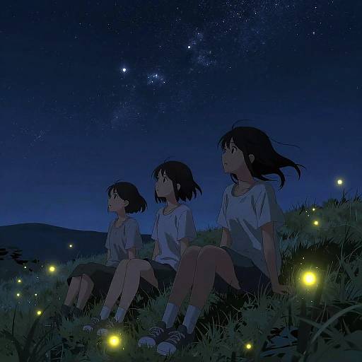Three anime girls in white shirts and shorts sit on grass, gazing at a starry night sky with glowing fireflies.