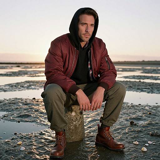 Photograph of a serious, bearded man in a maroon jacket, black hoodie, olive pants, and brown boots, squatting on a rock