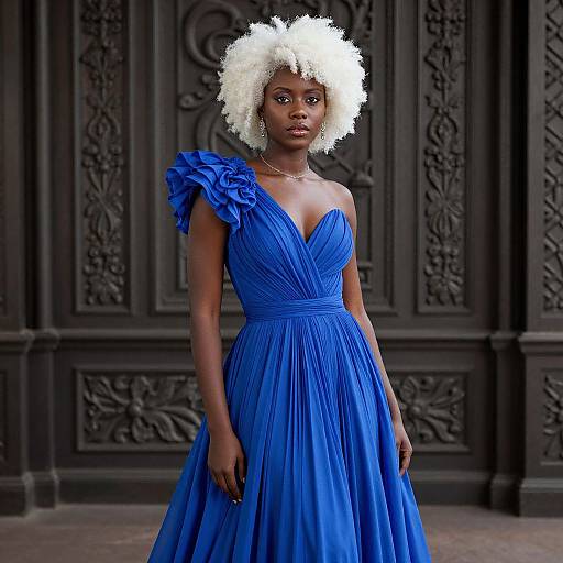 Photograph of a beautiful Black woman with white afro hair, wearing a vibrant blue, one-shoulder, V-neck gown, standing in front
