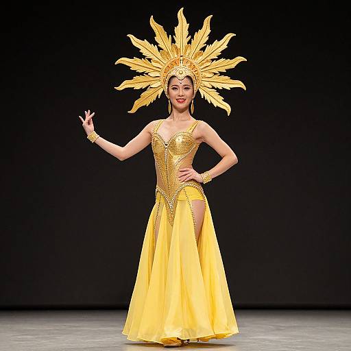 Photograph of a slender Asian woman in a radiant golden sun crown and matching strapless gown with a flowing skirt, standing confidently on a black stage.
