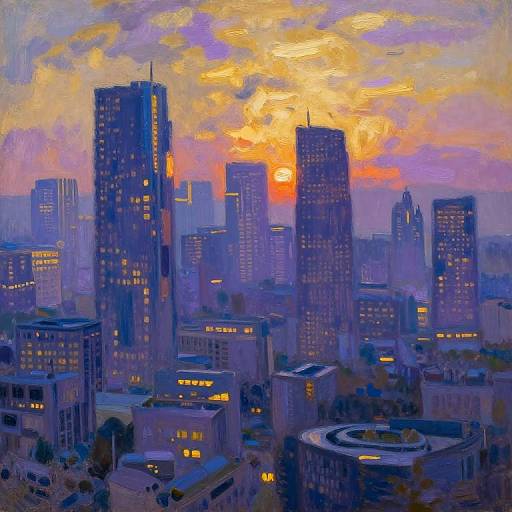 Digital painting of a city skyline at sunset, featuring tall skyscrapers with illuminated windows, vibrant orange and purple sky, and a winding road in the
