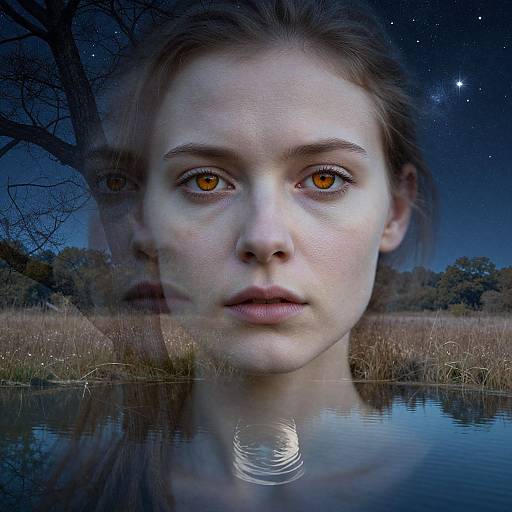 Photograph-style digital art of a young woman with striking orange eyes, reflected in a still pond under a starry night sky.