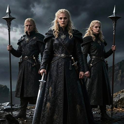 Photograph-style CGI of three blonde, stern-faced, armored Viking women with long hair, holding spears and swords, standing in a dark, storm