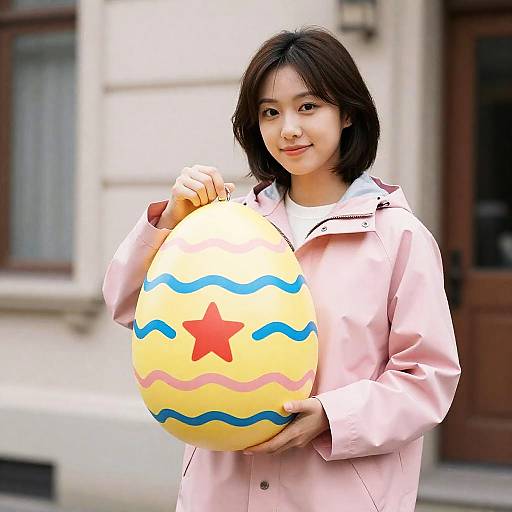 Photograph of an Asian woman with short black hair, wearing a pink coat, holding a large yellow egg with blue waves and a red star, standing