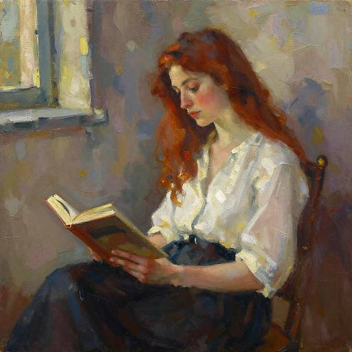 Impressionist painting of a red-haired woman with fair skin, wearing a white blouse and dark skirt, reading a book in a softly lit room.