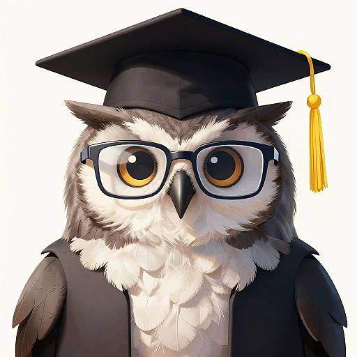 Digital drawing of an owl wearing a black graduation cap with a yellow tassel and large black-rimmed glasses, against a white background.