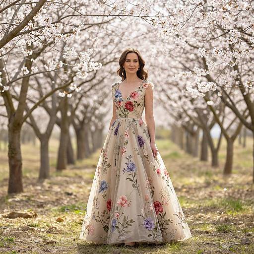Photograph of a woman in a sleeveless, floral-embellished ball gown standing in a sunlit, cherry blossom-lined orchard.