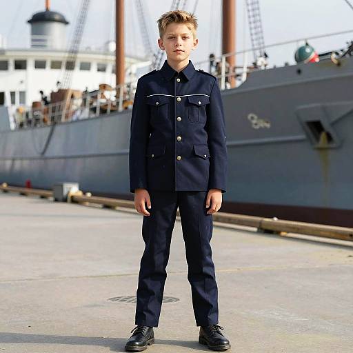 Boy in Navy Uniform on Dock