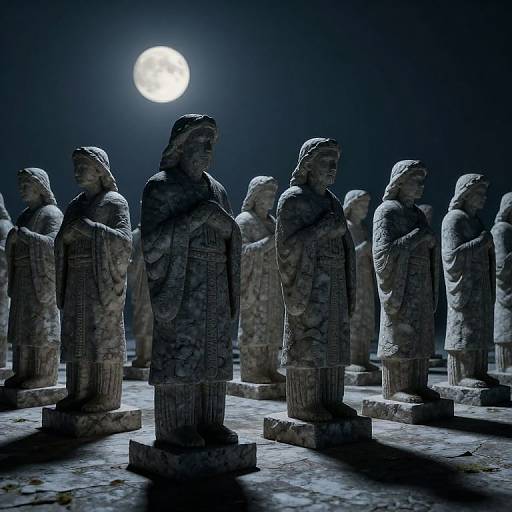 Photograph of stone statues under a full moon, silhouetted in dark blue, with intricate robes and serene expressions, standing in a row on