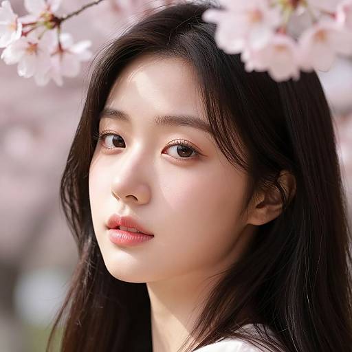 Photograph of a young Asian woman with long black hair, fair skin, and soft pink lips, framed by blooming cherry blossoms.