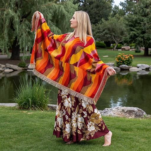 Photograph of a blonde woman in an orange-red striped shawl and floral pants, standing on grass beside a pond in a lush garden.