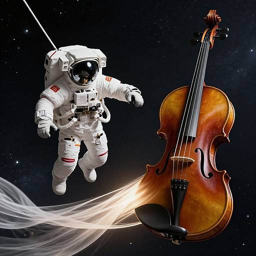 Photorealistic digital art: Astronaut in white spacesuit floating in space, playing a wooden violin, with bright strings and ethereal light trails.