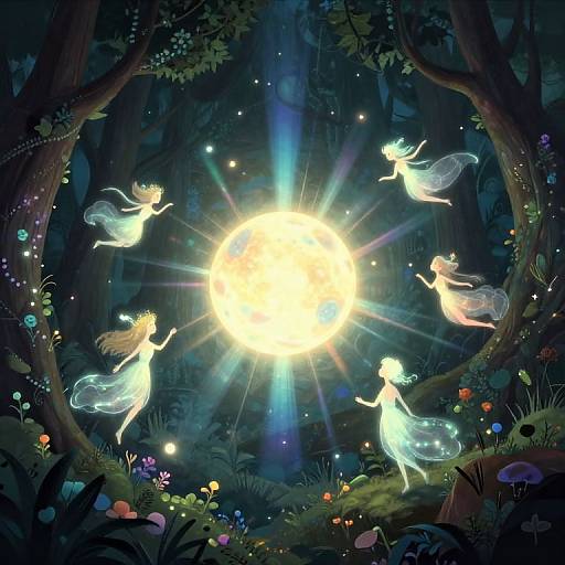 Digital artwork: Five ethereal, glowing fairy women with translucent wings dance around a radiant, sun-like orb in a dark, enchanted forest, surrounded by