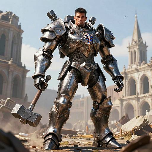 Photorealistic CGI of a muscular, bearded man in ornate, reflective silver armor with a hammer, standing in a ruined European cityscape with