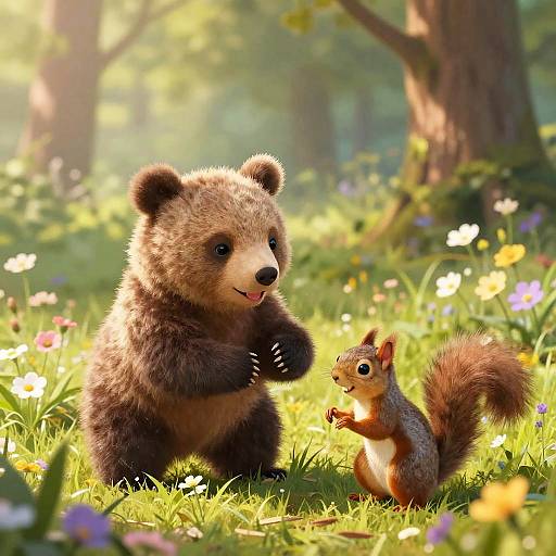 CGI image of a cute brown bear cub and a red squirrel standing in a sunlit forest meadow with colorful flowers.
