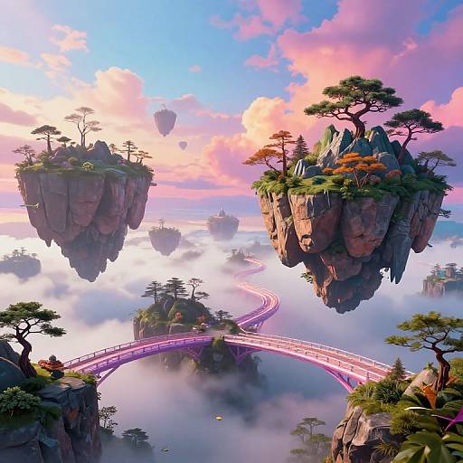 Fantastical CGI image of floating rock islands with lush greenery, towering trees, and a glowing pink bridge winding through misty clouds. Vibrant
