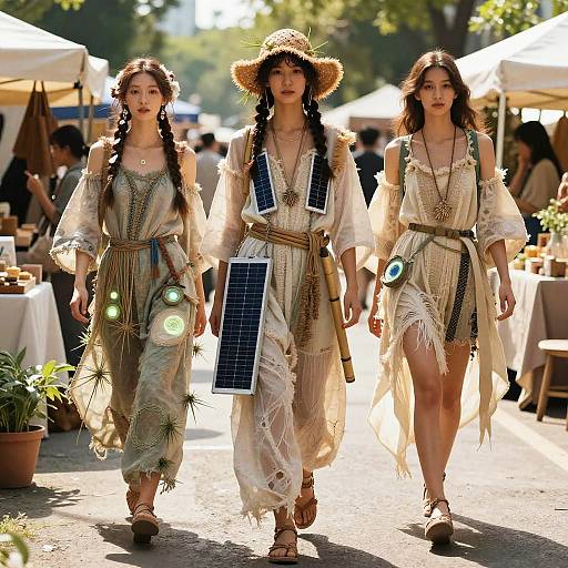 Photograph of three women in ethereal, sunlit, bohemian dresses with solar panels, wearing straw hats, walking down a vibrant outdoor market