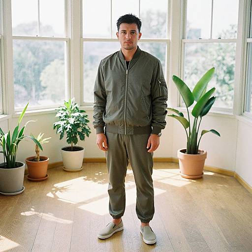 Photograph of a young man with short black hair, medium build, wearing a dark green jacket and pants, white sneakers, standing in a sunlit