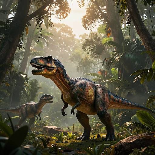 Photorealistic CGI of two dinosaurs in a lush, sunlit jungle; larger, blue-scaled T-Rex with sharp teeth in foreground, smaller